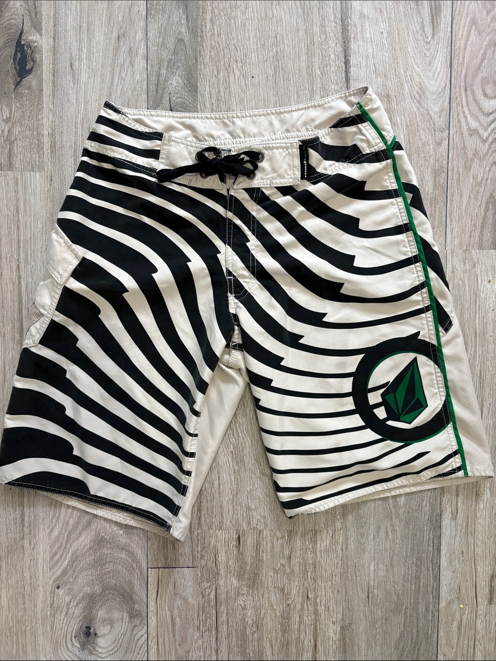 Volcom Black & White Striped Boardshorts with Green Accent